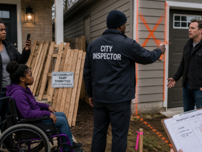 My neighbor ripped out my disabled daughter’s wheelchair ramp and stacked the boards against our front door. “Move if you don’t like it,” he said. The city inspector measured the property line—then painted a demolition mark across my neighbor’s brand-new garage.