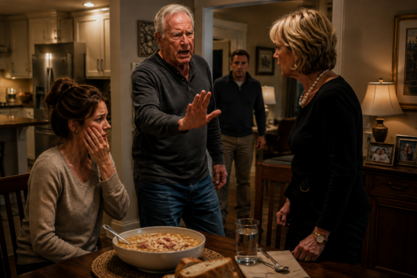My Mother-in-Law Said My Broke Father-in-Law Didn’t Deserve Dinner After His Company Collapsed. When I Brought Him His Favorite Stew, She Hit Me for Defying Her—But the Moment He Forced Himself Out of That Chair, Something in Our Family Finally Broke.